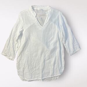 Rosemarine White Ruffled V-Neck 3/4 Sleeve Linen Blouse Size‎ S